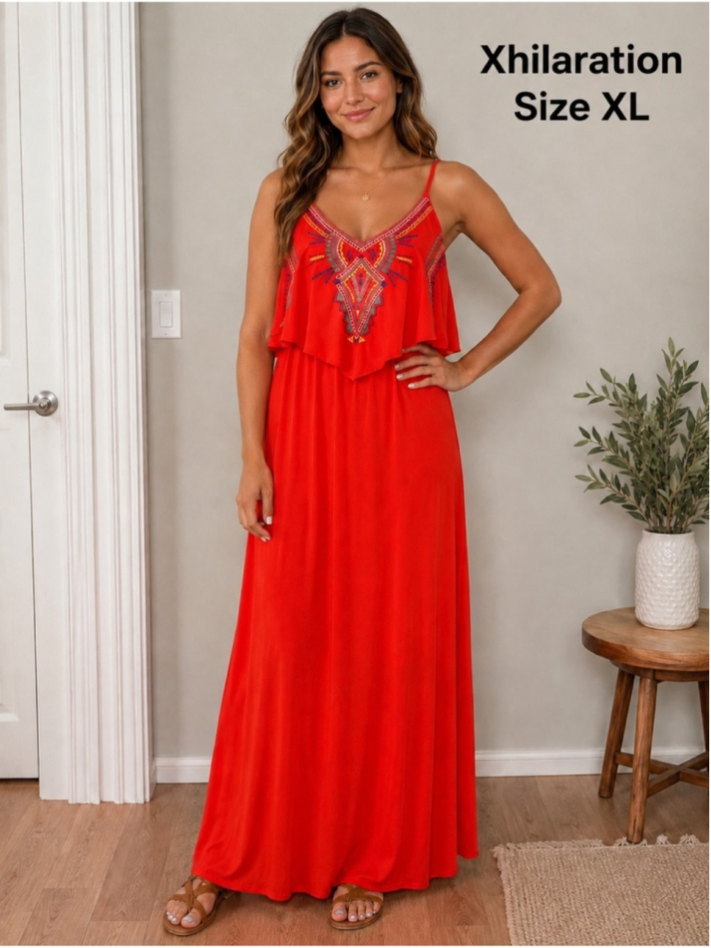 Xhilaration XL Coral Embroidered Boho Maxi Dress Festival Cottagecore NWT
